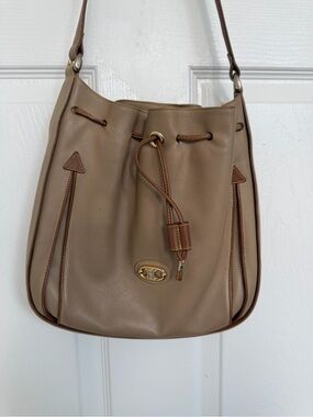 Vintage CELINE Paris Triomphe Leather Drawstring Bucket Bag Tan Beige Crossbody
